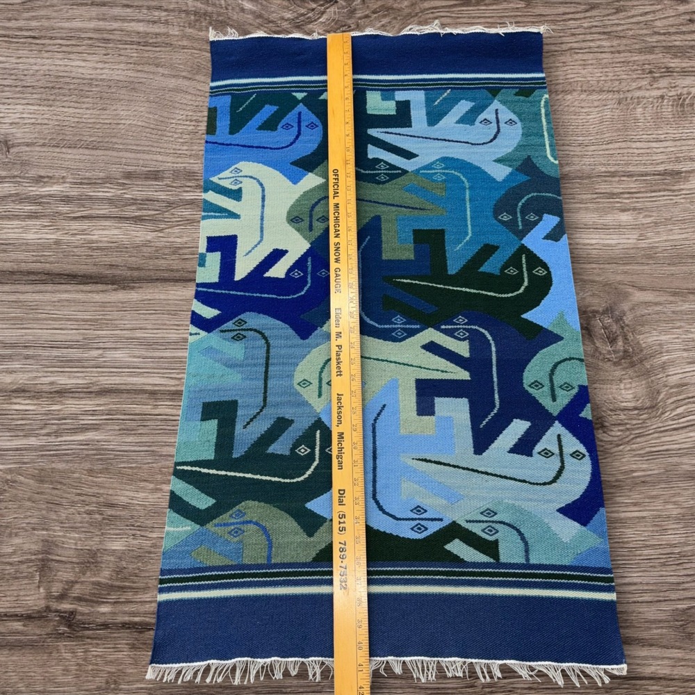 Vtg MC Escher Style Lizard Tessellation Handwoven Wool Tapestry Wall Art Blue - Picture 2 of 7